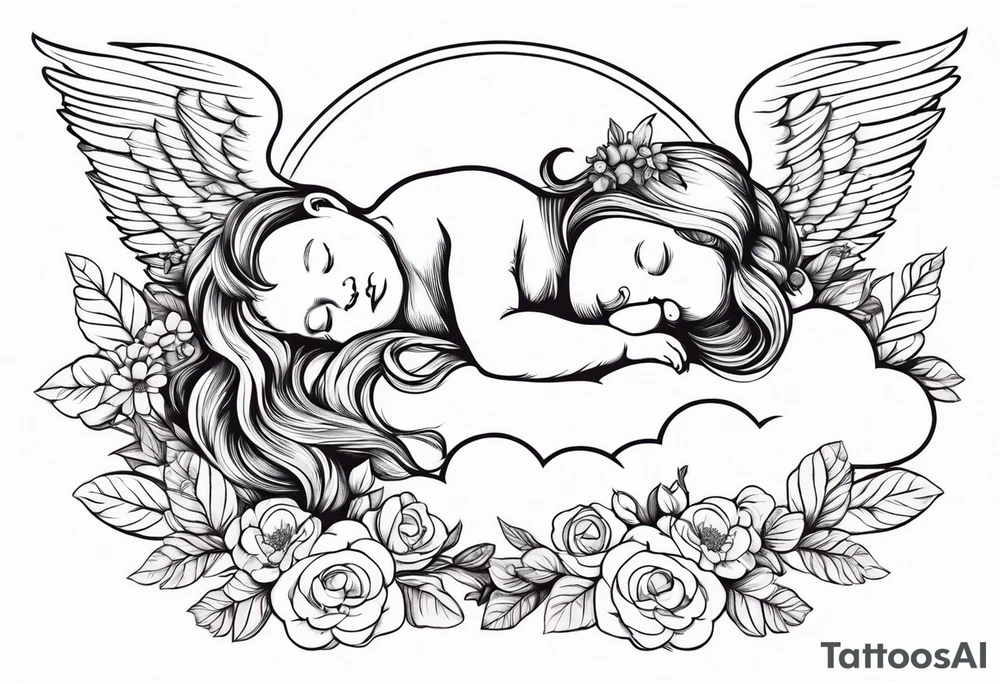 baby renaissance style angel sleeping on cloud, flowers in long hair, ethereal tattoo idea