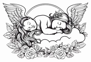 baby renaissance style angel sleeping on cloud, flowers in long hair, ethereal tattoo idea