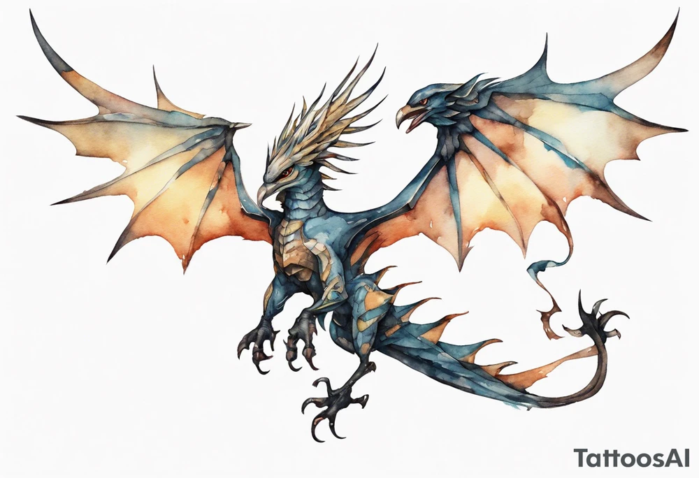 a watercolor of a bird-wyvern hybrid wearing an iron crown, flying tattoo idea