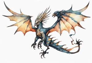 a watercolor of a bird-wyvern hybrid wearing an iron crown, flying tattoo idea