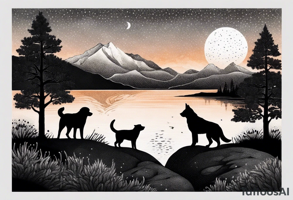 nature, sunset, mountains, a father and son hiking with their dog and cat 
by the water tattoo idea