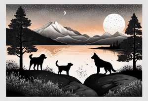 nature, sunset, mountains, a father and son hiking with their dog and cat 
by the water tattoo idea