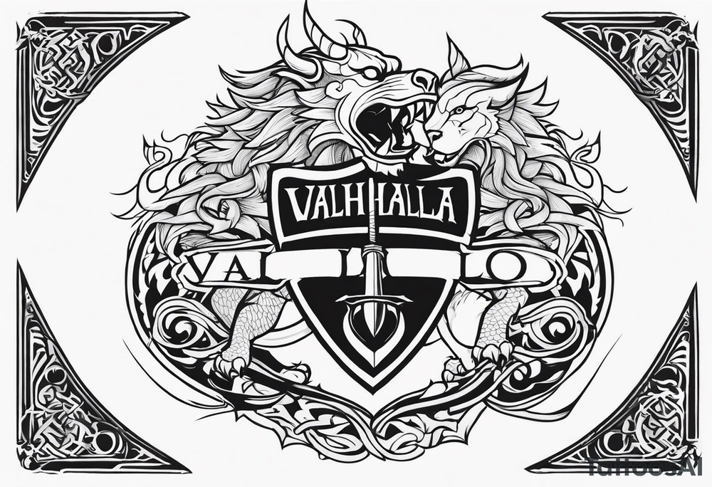 Valhalla sword shield dragon lion tattoo idea