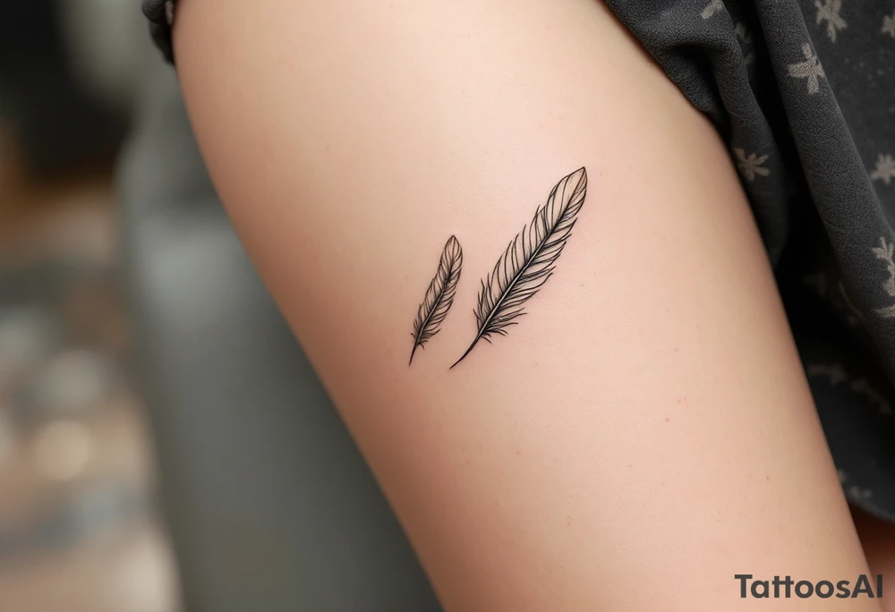 Two floating owl feathers in muted beige and soft white tones, arranged in a gentle curve to evoke wisdom and protection. tattoo idea