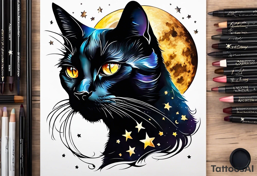Photo realistic black cat head with moon and stars tattoo idea