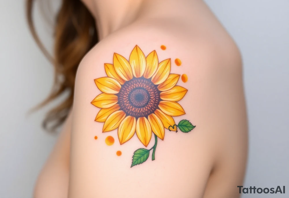 A beautifully detailed sunflower tattoo, with golden-yellow petals that transition into soft amber at the tips, symbolizing warmth, devotion, and unwavering affection. The rich brown center is intricately textured, capturing the natural depth of sunflower seeds. Surrounding the flower are delicate green leaves with subtle veins, adding a touch of realism. A thin, swirling vine wraps around the stem, seamlessly forming a heart shape, representing eternal love. Soft watercolor splashes in warm orange and honey tones radiate outward, giving the design a glowing, sun-kissed effect. tattoo idea