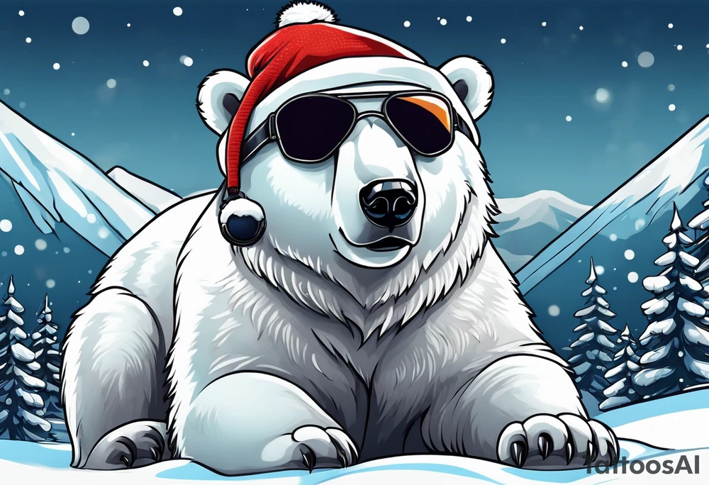 Polar bear wearing a winter hat and snow goggles tattoo idea