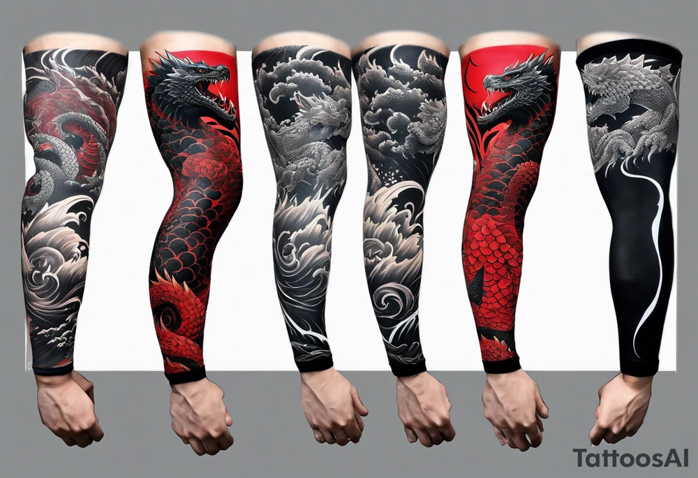 godzilla inspired dragon irezumi arm sleeve in black and red with water and lightning tattoo idea