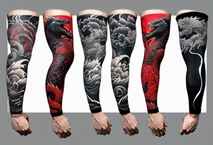godzilla inspired dragon irezumi arm sleeve in black and red with water and lightning tattoo idea