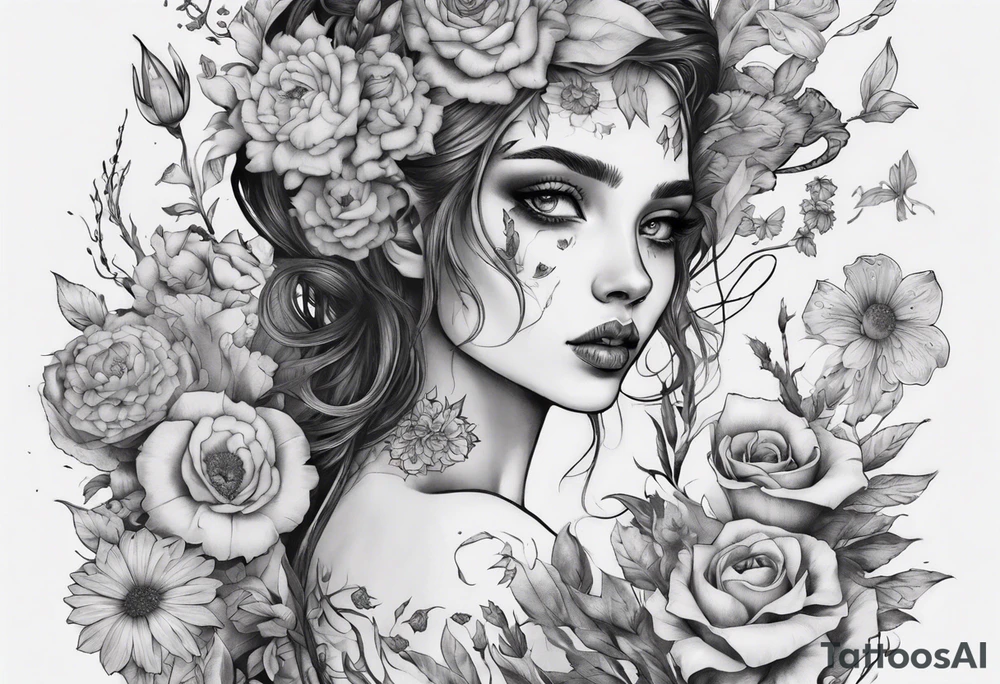 sleeve with many flowers around it and a dark elf girl tattoo idea