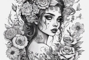 sleeve with many flowers around it and a dark elf girl tattoo idea