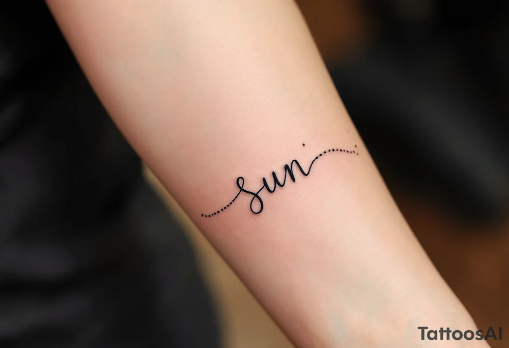 Word "Sun" written vertical with small sunflower in pink tattoo idea