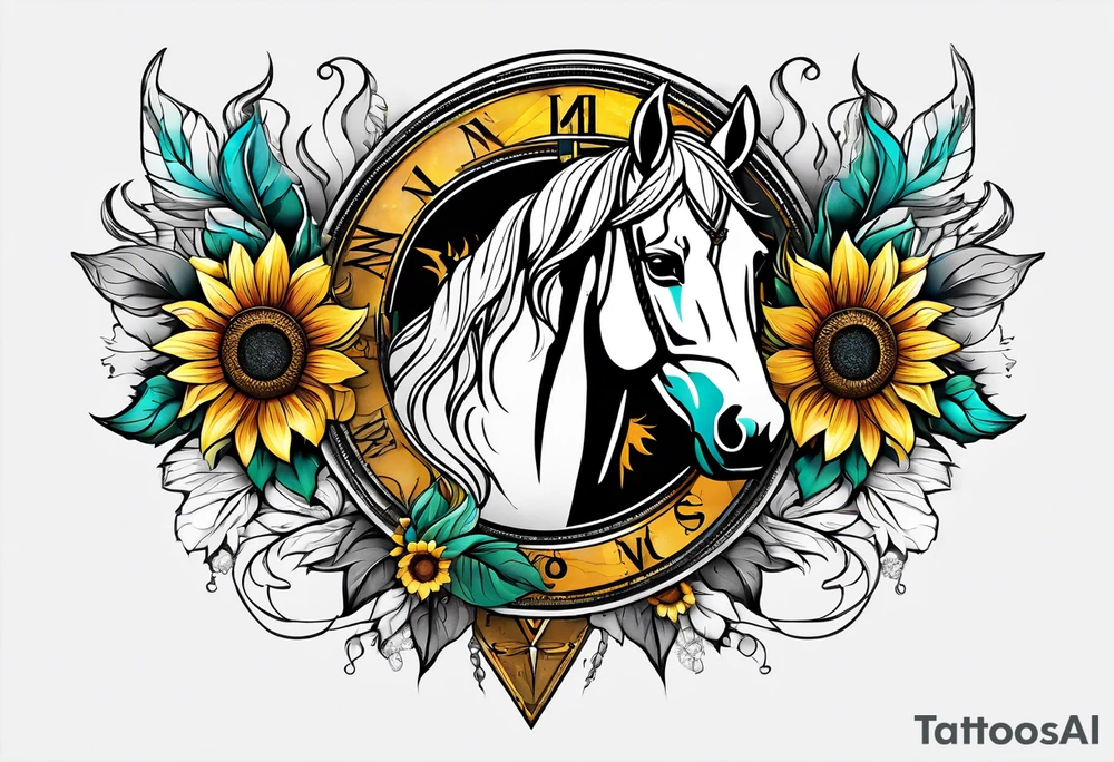 Horse, compass, sunflower tattoo idea