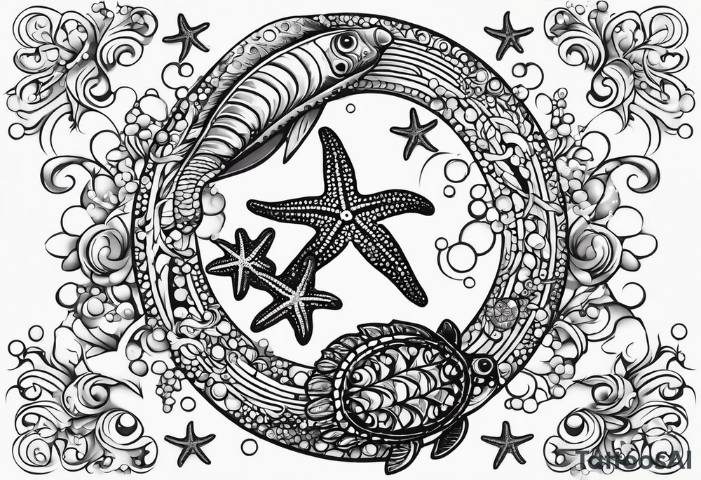 Small Starfish, Seahorse and turtle in a vertical line with bubbles tattoo idea