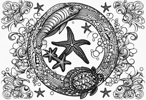 Small Starfish, Seahorse and turtle in a vertical line with bubbles tattoo idea
