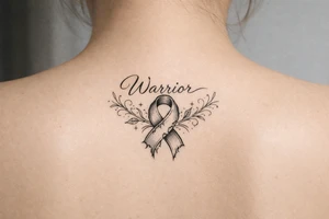 Warrior in cursive with sikkle cells ribbon torn tattoo idea