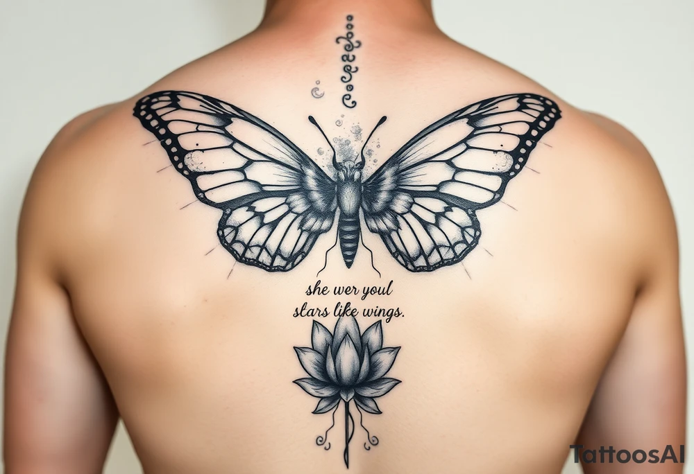 butterfly with cracked wings and lotus flower with quote that says “she wore her scars like wings” all down spine but very elegant towards lower back tattoo idea