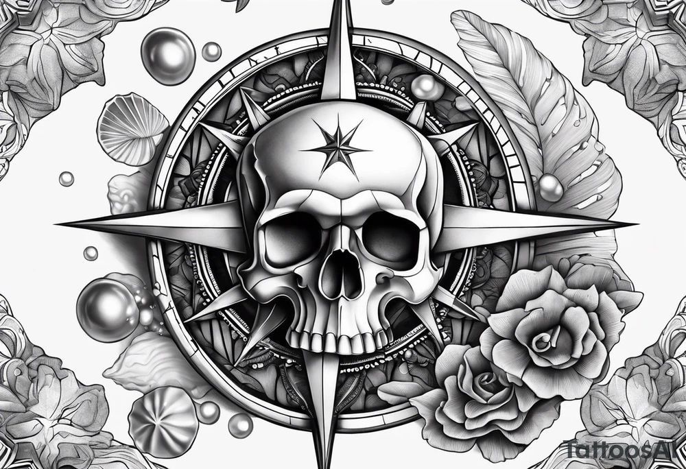 Compass, oyster with pearl, shells, starfish, skull tattoo idea