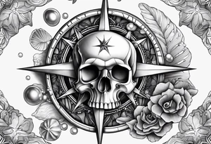 Compass, oyster with pearl, shells, starfish, skull tattoo idea