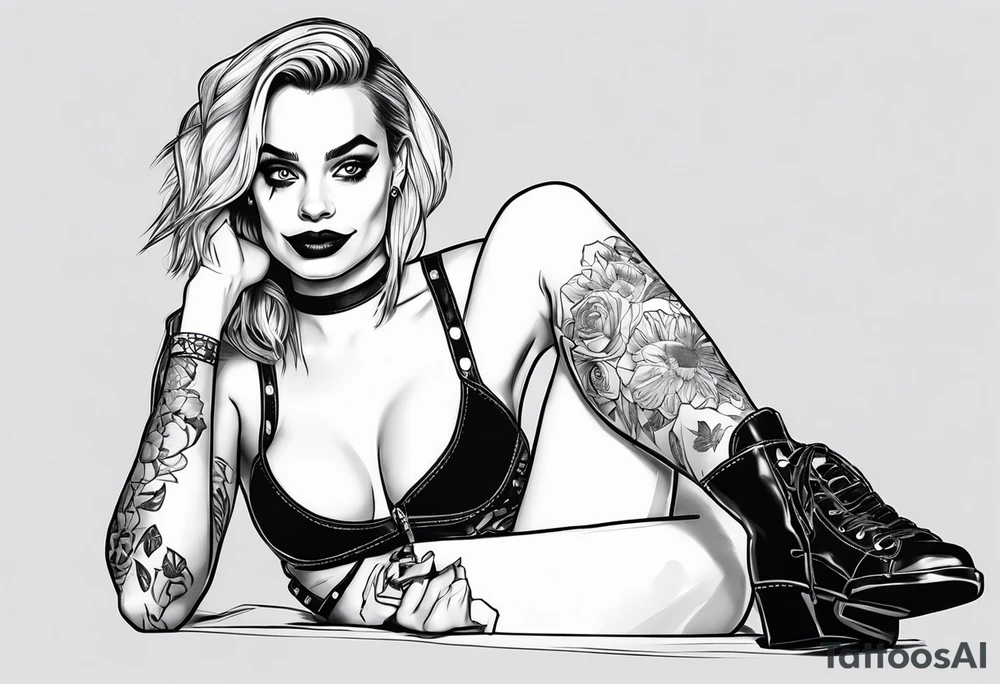 Harley Quinn sitting full body Margot Robbie sad tattoo idea
