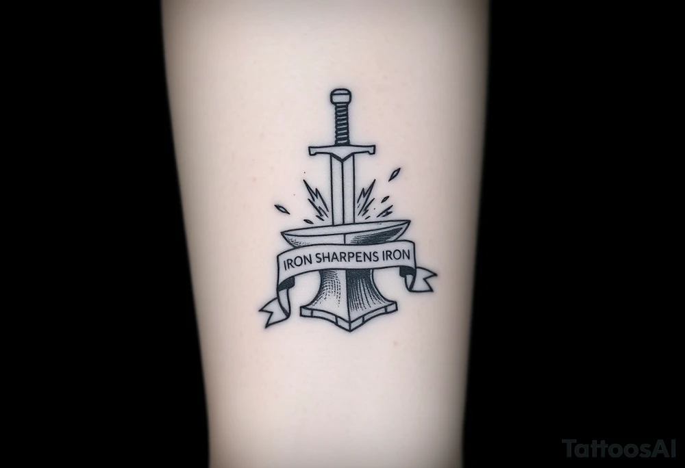 Black ink tattoo sketch of a sword striking an anvil with sparks flying. Banner wrapped around the sword reading “Iron Sharpens Iron.” Forearm tattoo design, bold outlines, no color, hand-drawn sketch style. tattoo idea