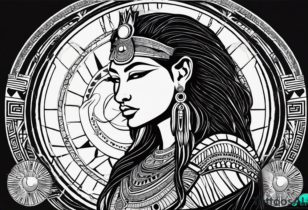 Full body from head to toe of Ancient Egyptian goddess sekhmet, lioness head with black sun disk above her head and woman's body. She looks straight ahead and ready for battle looking fearless and powerful holding an ankh in one hand and a papyrus sceptre in another, she has long hair flowing tattoo idea