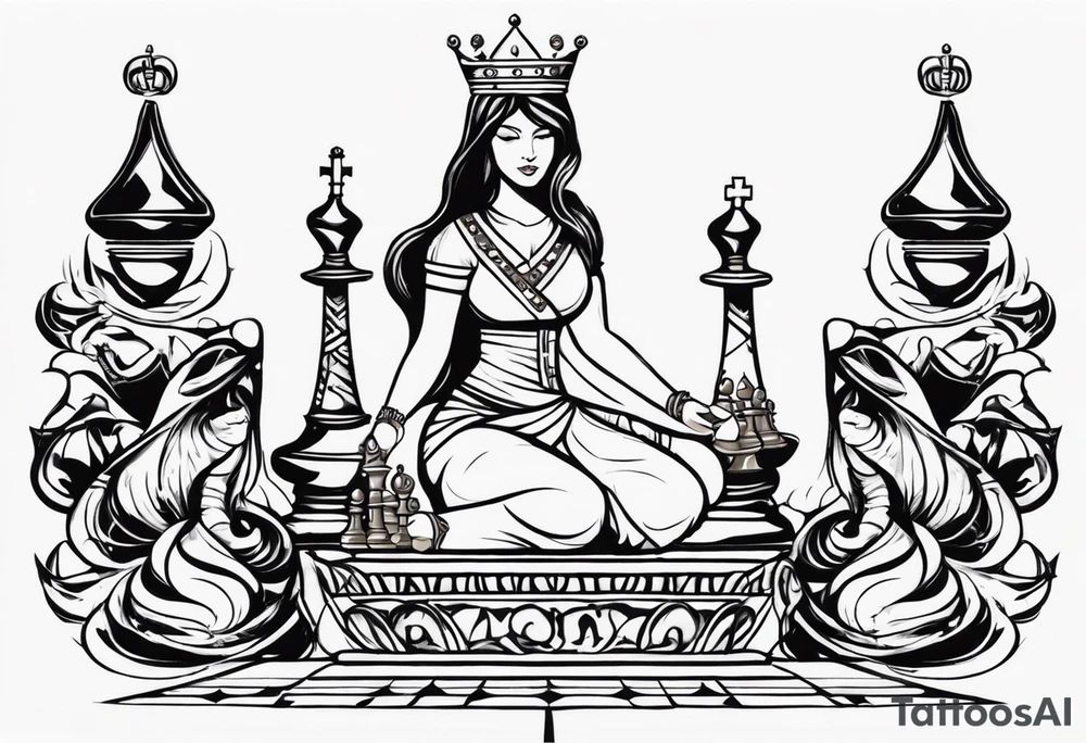 chess queen piece with two pawns on her side with spiritual motifs overhead tattoo idea