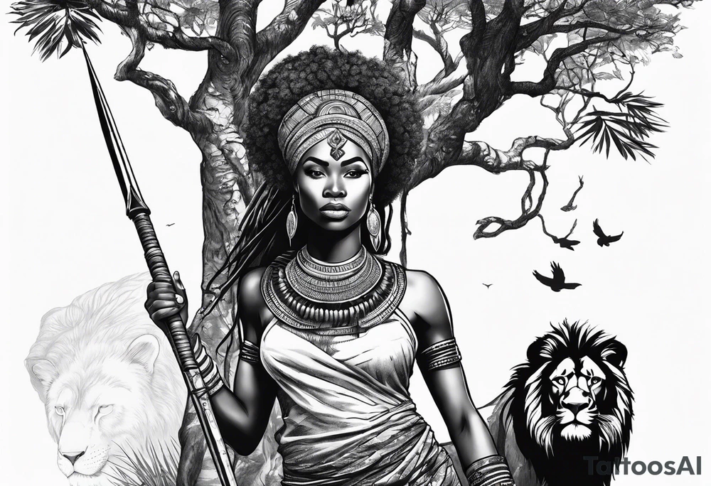 African woman warrior with spear in her hand with Lion in the tree around her tattoo idea