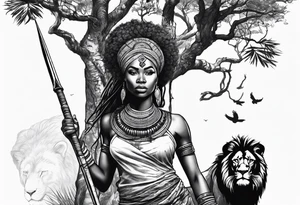 African woman warrior with spear in her hand with Lion in the tree around her tattoo idea