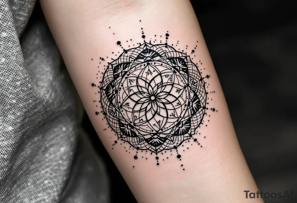 simple, minimalist tattoo, sacred geometry mandala, centerpiece design, dotwork patterns, radiating geometry, symmetrical mandala, geometric shapes, intricate dotwork, sacred patterns, mandala center, geometric radiating, fine line work, black grey shading, minimalist design, no outlines, arm placement, delicate linework, precise geometry, clean symmetry, sacred symbols, geometric precision, dotwork details, mandala focal point, refined patterns, understated complexity, geometric harmony, minimalist tattoo idea