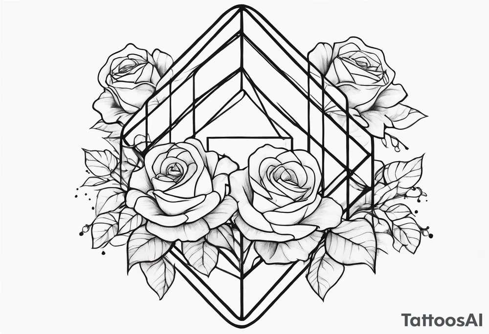 Vertically elongated tesseract with small roses and stars around it tattoo idea