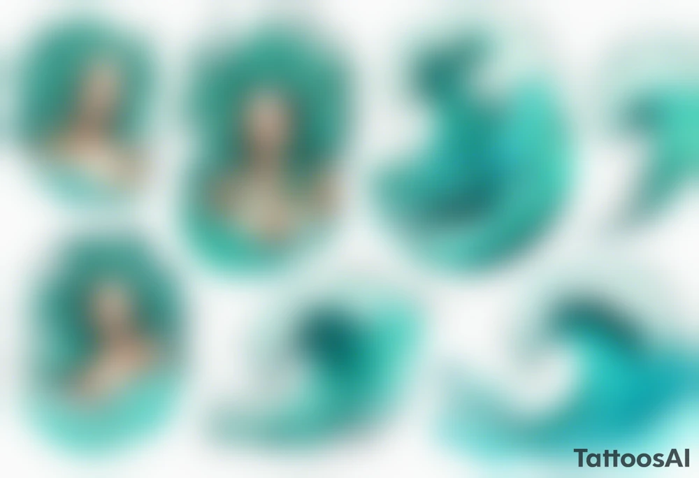 a beautiful turquoise gorgon emerging from an ocean wave, crashing onto the shore tattoo idea