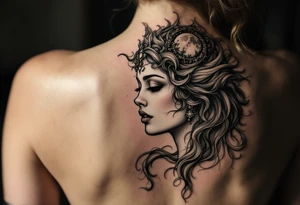 A hyper-realistic depiction of a divine figure like Aphrodite or a moon goddess. smaller and sick tattoo idea