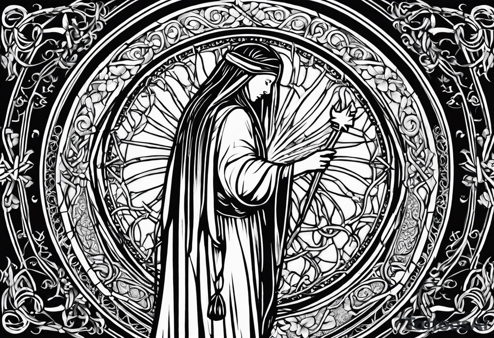 A full back piece themed on the surname mcbride and the irish saint brigid. It should take inspiration from artwork of saint brigid holding fire in her hands. It should have the text Vincit Pericula Virtus on it tattoo idea