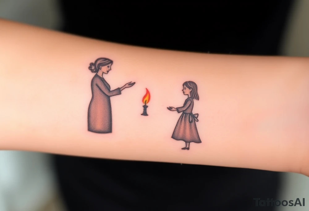 Silhouette of grandmother, mother and daughter passing a flame from oldest to youngest with the flame growing as it goes. tattoo idea