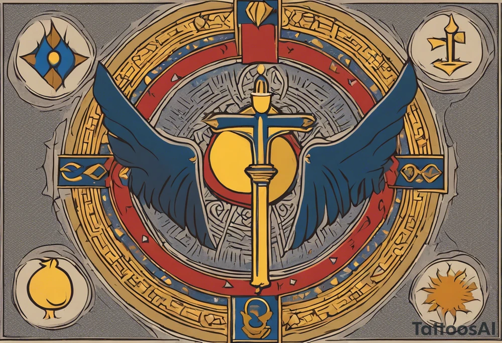 A medieval cross with an assyrian flag in the middle. A crown om top of the cross. The assyrian king Sennacherib. A sun and a moon. A cloud with rain and thunder. charizard. an imperfect cirkle. a candle. a swan. lemons. the god asshur with wings. an ankh. angel wings with a halo. surrounded by olive branches and feathers. all black and white. no shadowing. tattoo idea