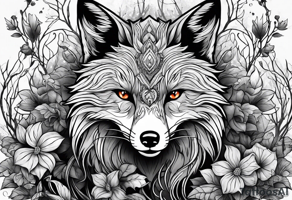 Creepy evil fox in skulls swamp tattoo idea