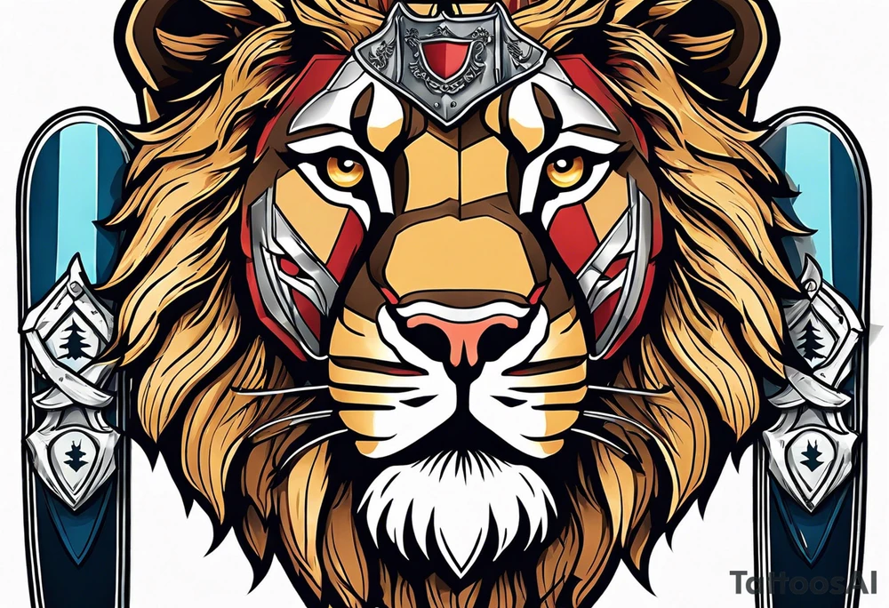 snow skis crossed like an x with a shield in front of them and a lion on the shield tattoo idea