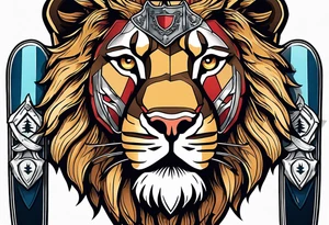 snow skis crossed like an x with a shield in front of them and a lion on the shield tattoo idea