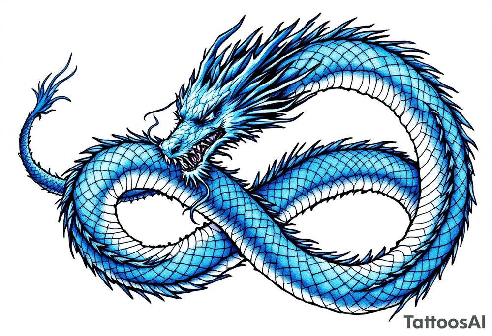 The design features a dragon, coiled in the shape of the infinity symbol (sideways number "8"). The dragon is depicted eating its own tail, symbolizing eternity and continuity, inspired by the Ouroboros.

Details:

The dragon's body has vibrant, glossy blue scales, with a smooth and polished texture.
It maintains a clean, balanced shape in the infinity figure, with sharp details and elegant flow.
Style:

The focus remains on the dragon's form, with no additional background elements to keep the design minimal and modern. tattoo idea