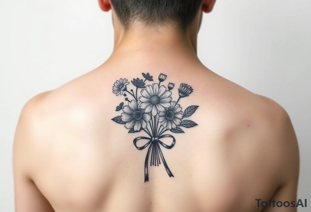 A small bouquet where the carnation, larkspur, daisy, and aster are gathered together at the stems and tied with a flowing ribbon bow tattoo idea