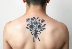 A small bouquet where the carnation, larkspur, daisy, and aster are gathered together at the stems and tied with a flowing ribbon bow tattoo idea