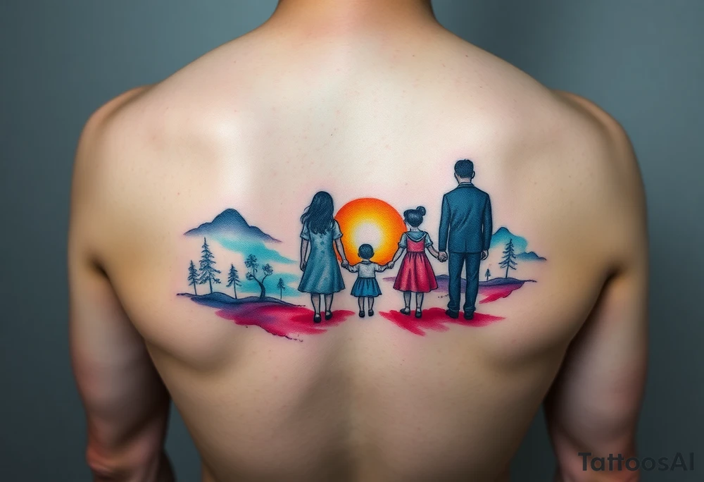 Family 2 parents 2 kids with colour around the caracters and empty caracters and sunrise tattoo idea