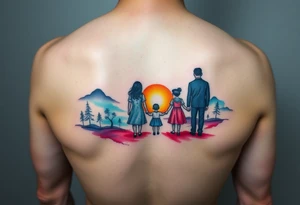 Family 2 parents 2 kids with colour around the caracters and empty caracters and sunrise tattoo idea