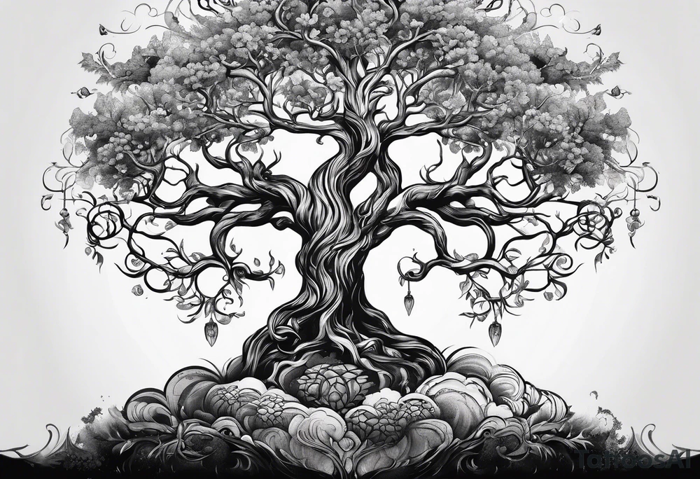 Yggdrasil with 9 realm illustrated tattoo idea