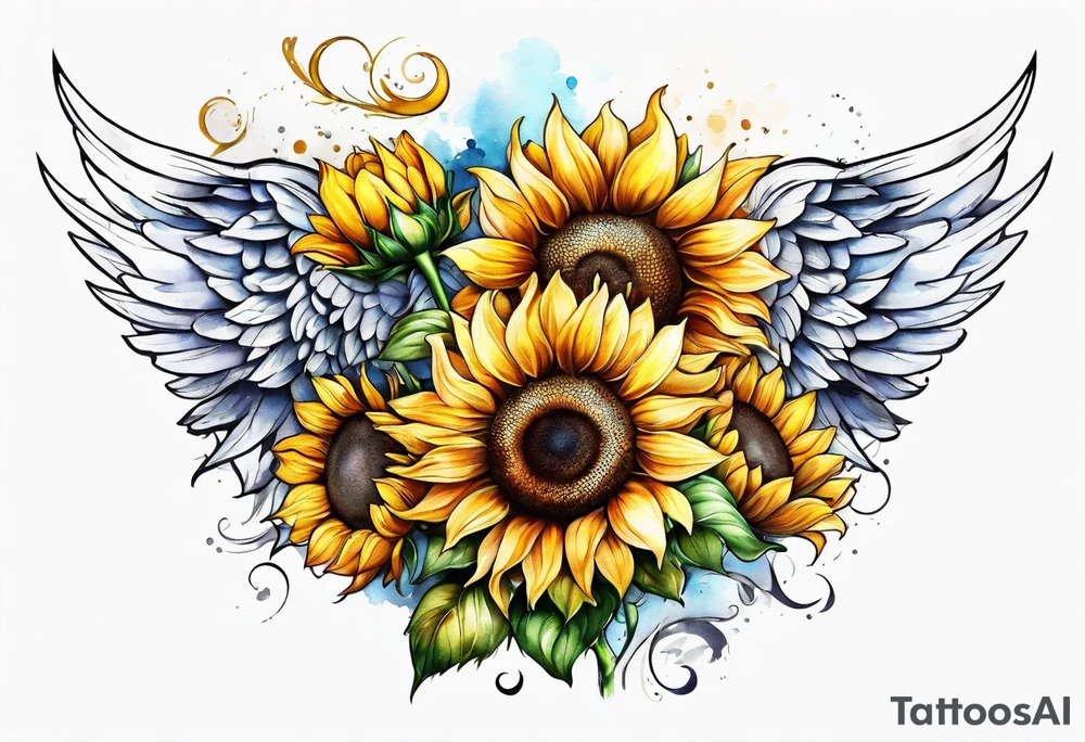 Sunflowers and angel wings leg sleeve tattoo idea