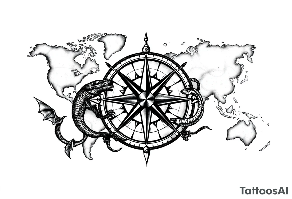 antique compass rose overlaid on weathered fictional world map with mythical sea creatures tattoo idea