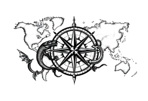 antique compass rose overlaid on weathered fictional world map with mythical sea creatures tattoo idea