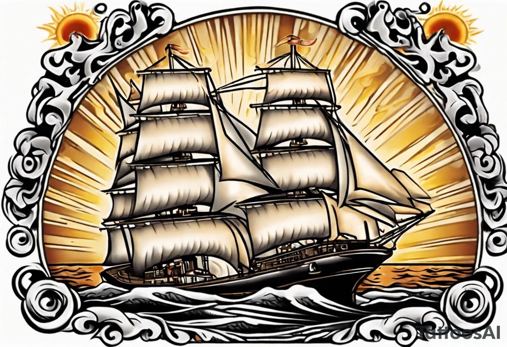 steam boat sailing out of the sun tattoo idea
