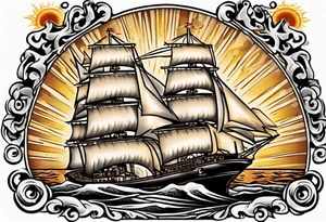 steam boat sailing out of the sun tattoo idea